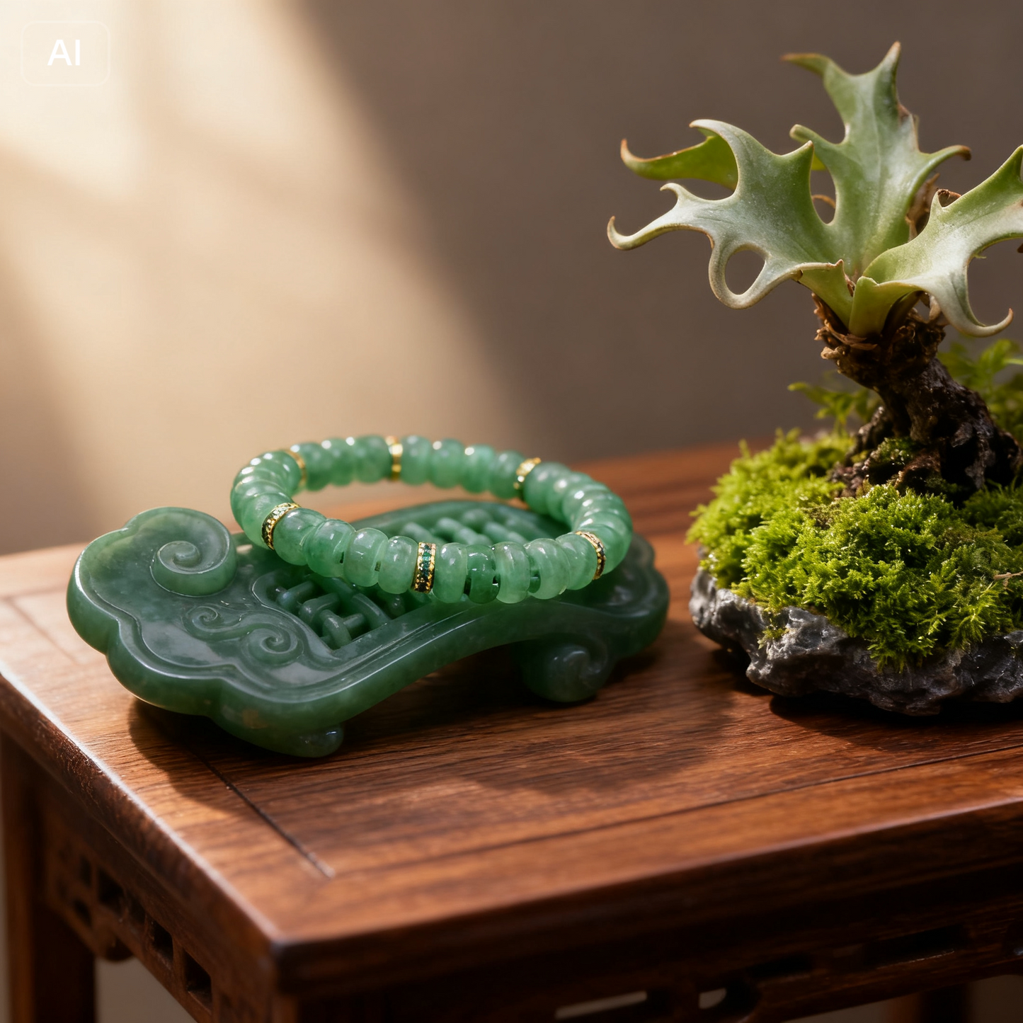 Natural Green Jade Beaded Bracelet with Gold Accent Spacers – Minimalist Luxury Gemstone Stretch Bracelet