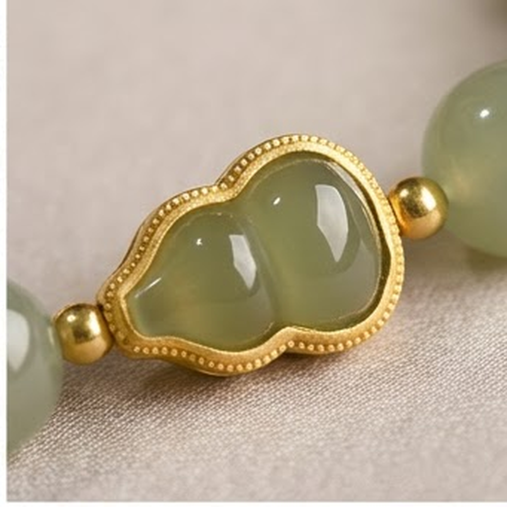 Natural Hetian Jade Bead Bracelet – Lucky Fu Lu Double Blessing Charm | Prosperity & Fortune Green Jade Bracelet
