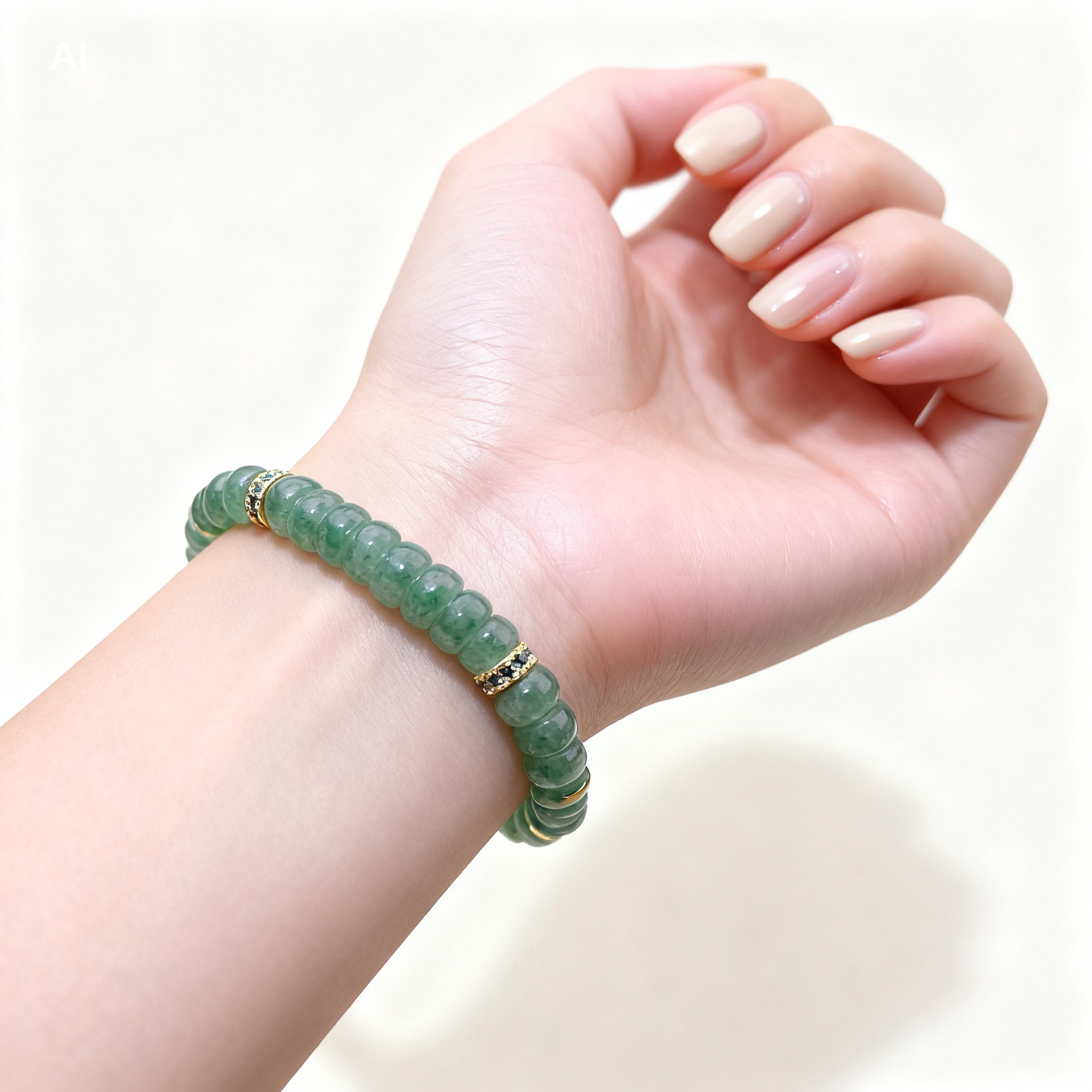 Natural Green Jade Beaded Bracelet with Gold Accent Spacers – Minimalist Luxury Gemstone Stretch Bracelet