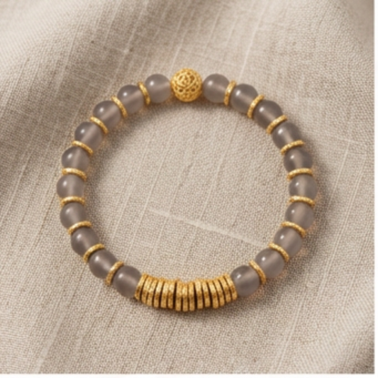 Luxury Gold & Grey Agate Beaded Bracelet – Minimalist Natural Stone Stretch Bracelet for Men & Women