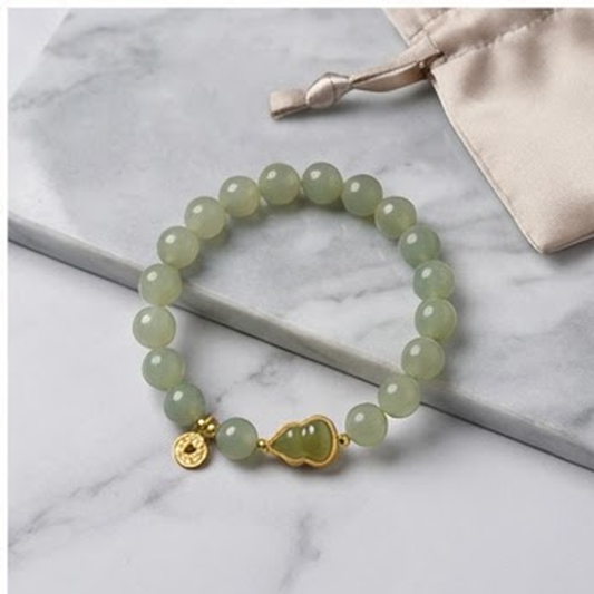 Natural Hetian Jade Bead Bracelet – Lucky Fu Lu Double Blessing Charm | Prosperity & Fortune Green Jade Bracelet