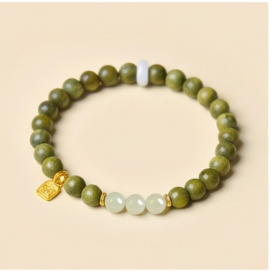 Natural Hetian Jade & Green Sandalwood Bracelet with Gold Fu Charm – Feng Shui Lucky Wealth Bracelet 6mm