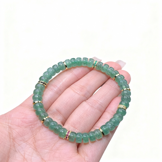 Natural Green Jade Beaded Bracelet with Gold Accent Spacers – Minimalist Luxury Gemstone Stretch Bracelet